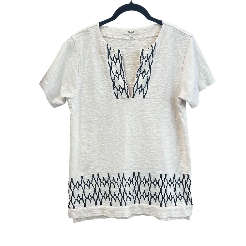 Madewell‎ Boxstitch Slub Blouse Cream/off-white black embroidery size Small